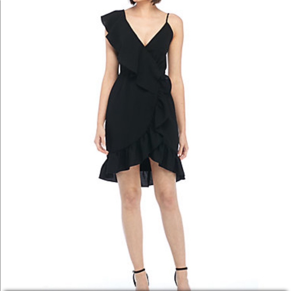 WAYF Afragola faux wrap ruffle mini dress black M